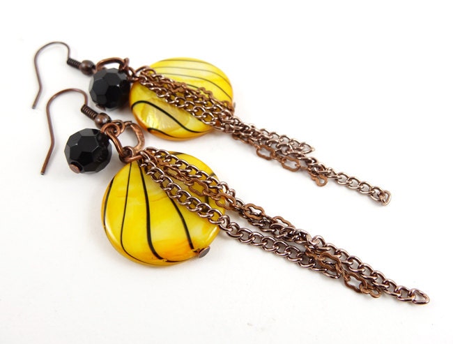 Dangle Earings - Yellow Black Bead Earrings - Handmade Jewelry