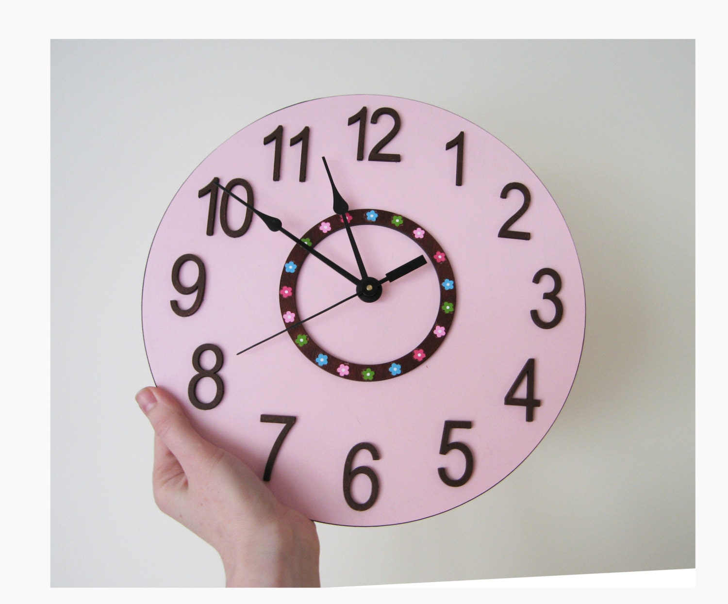 Wall clock Large pink wall clock with flowers Kids room Wall decor Children room Christening gift
