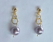 Free Shipping June Light Amethyst Lilac pearl birthstone earrings Stud Post Pierced Gold  Czech bead Glass Pearl Finish