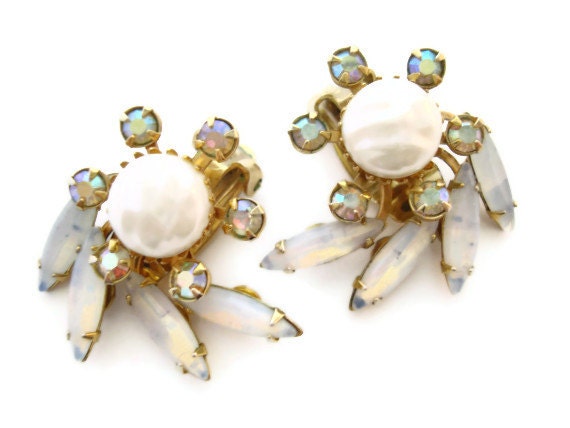 Vintage 1950's Clip-On Earrings w/ Faux Pearl & Rhinestone Spray