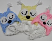 Crochet  Handmade Sleepy Owl Hat Newborn Baby Children Kids Animal Pink Blue Yellow