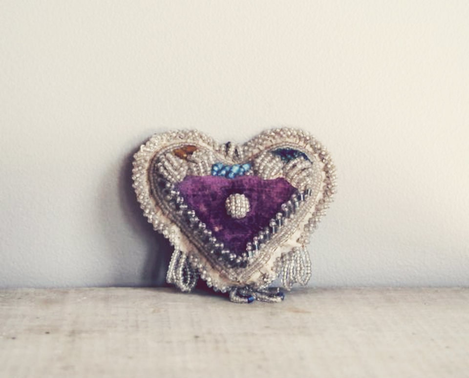 Victorian Era Beaded Heart Pin Cushion, Velvet Pin Cushion, Antique Sewing Notion, Heart, Sentimental, Collectible, Sewing Supplies