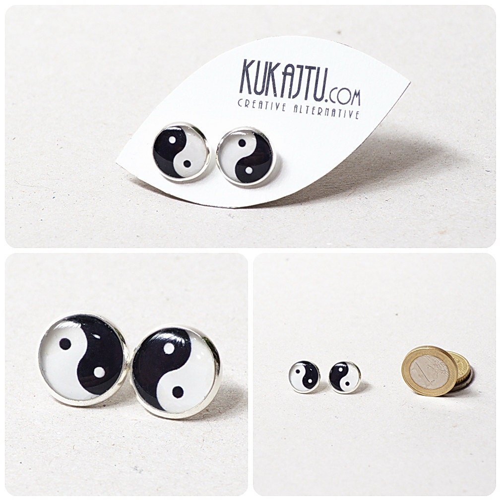 Yin Yang stud earrings Yin Yang jewelry black and white symbol jewelry resin earrings stud post Silver plated earrings