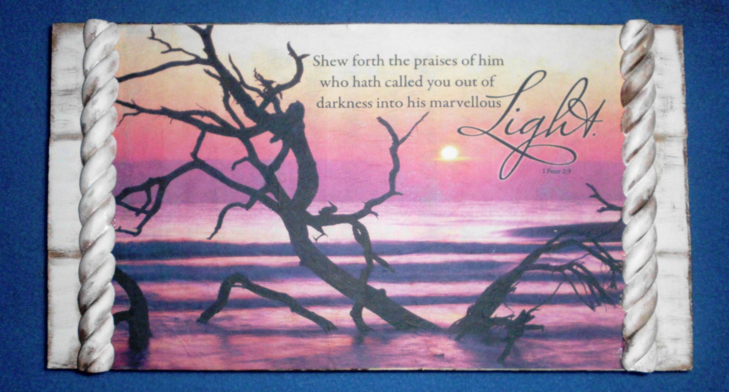 Christian Wall Hanging of Vibrant Sunrise 1 Peter 2:9 on Recycled Wood and Borders With Antique White Finish