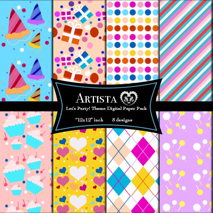 Let's Party Theme Scrapbooking Printables Digital Paper Goods Patterns