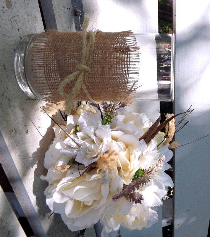 Set of 10 Rustic Glass, Burlap and Sisal Hand Decorated Flower Vases. Rustic, Vintage, Cottage Chic, Beach theme Wedding Ideas
