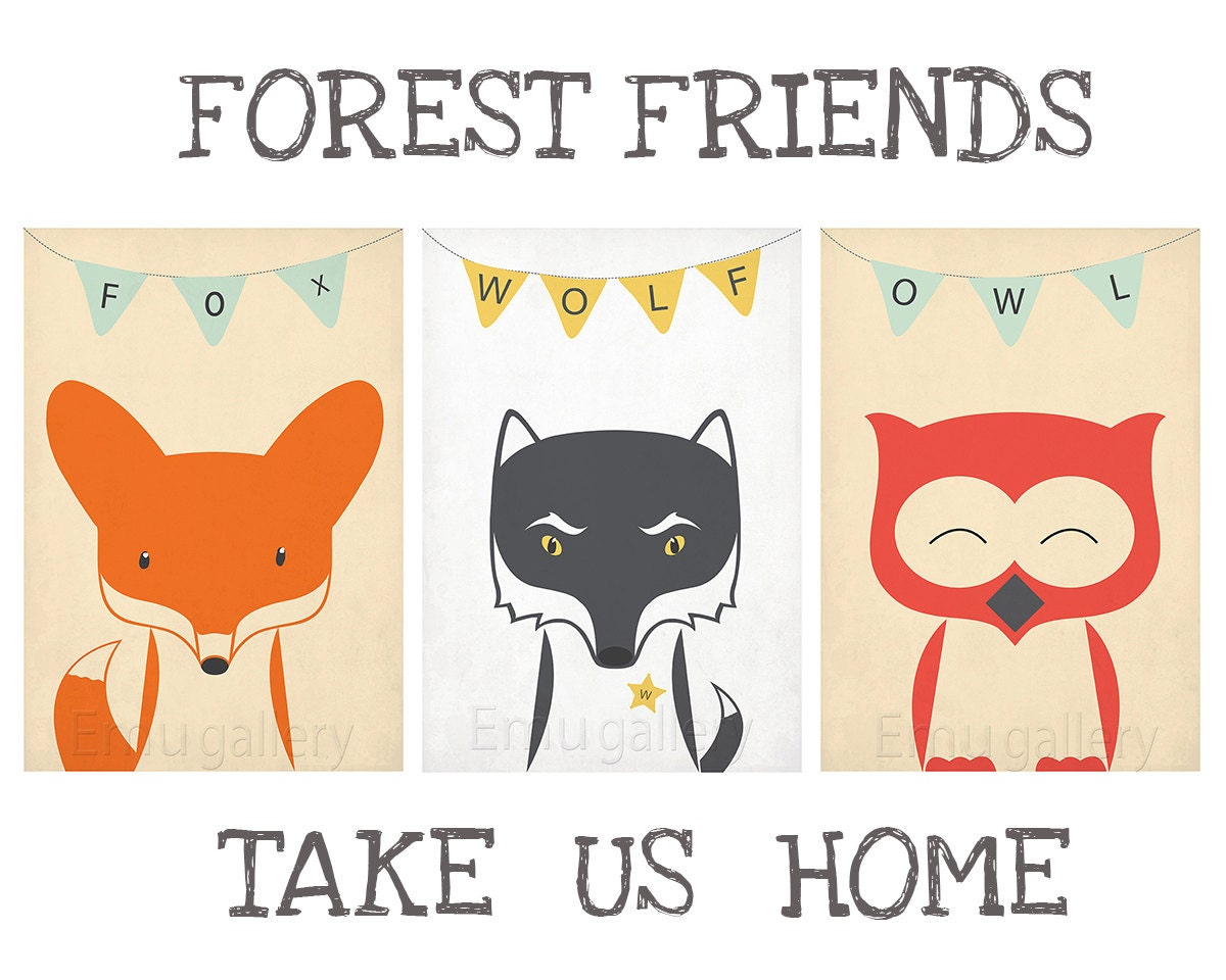 Retro posters - A2 set - forest animals - vintage print, nursery  wall decoration, retro wall decor, cute baby animals, fox, wolf, owl