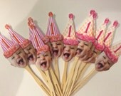 Pink and orange Circus birthday hat photo cupcake toppers