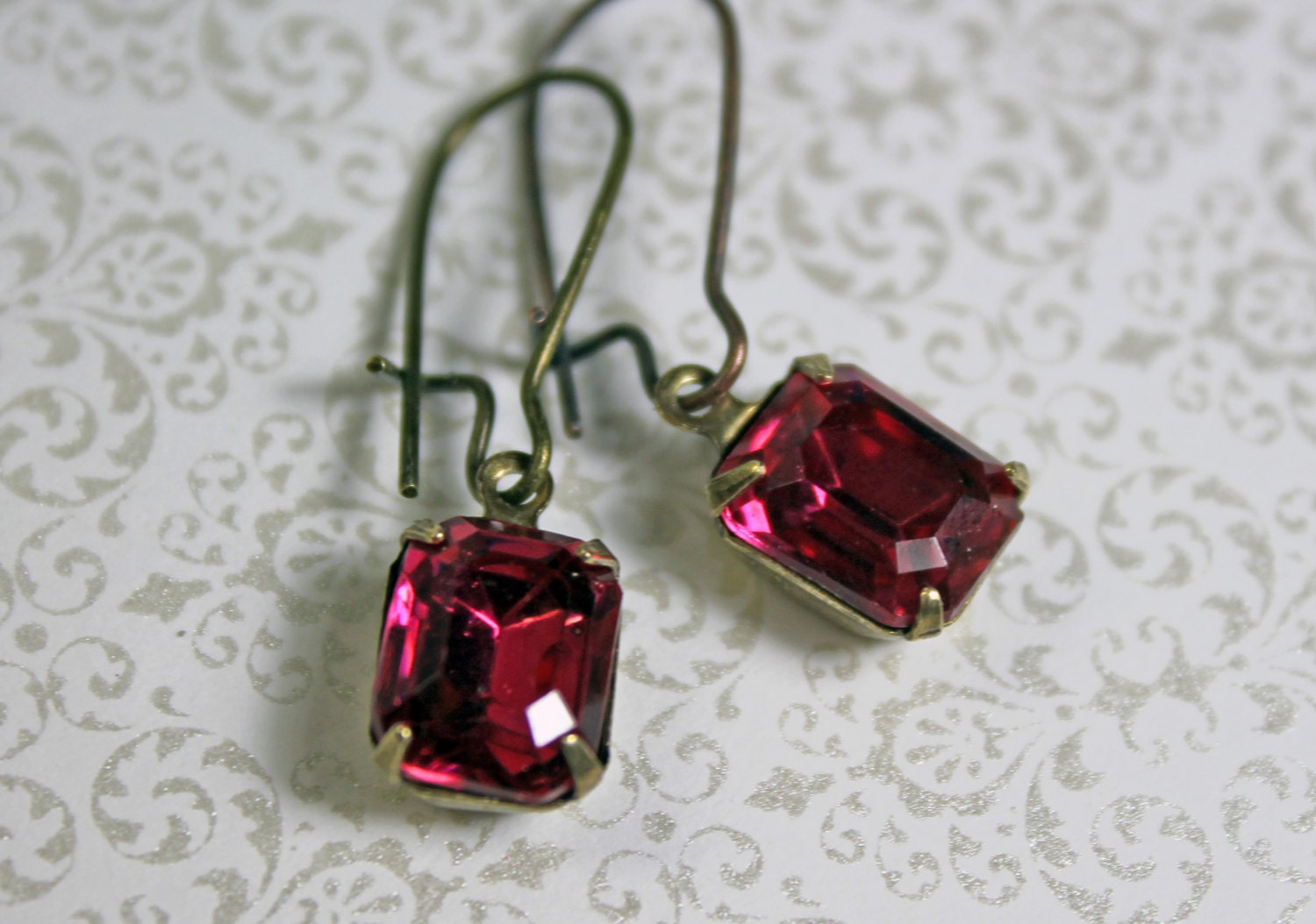 Handmade earrings, deep pink crystal earrings, drop earrings. prong setting, swarovski crystals.