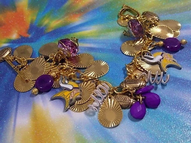 Vikings Charm Bracelet, purple and gold team colors, Gold football charms, sprial beads, small purple beads, gold chain and toggle
