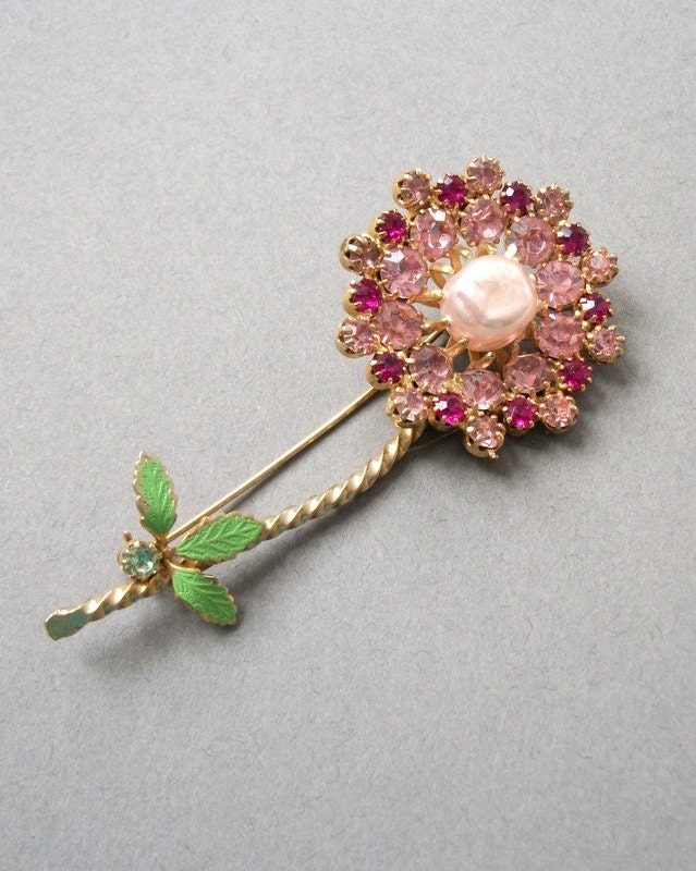 Vintage Pink Rhinestone Flower Brooch Figural Flower Brooch Gold Tone Flowers Rhinestone Brooch Leaves Antique Brooch Pin