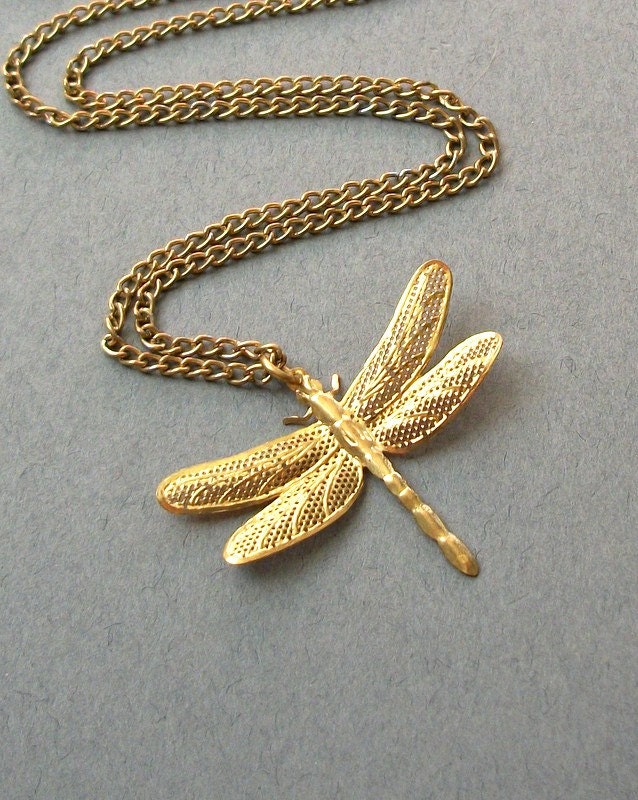 Vintage Gold Dragonfly Necklace Long Length Gold Toned Metal Figural Necklace 80s Vintage
