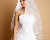 Double Layer Ribbon Pearl fingertip Length Mantilla with comb for Bride , Two Tiers Layer Bridal wedding Veil , Ivory , White