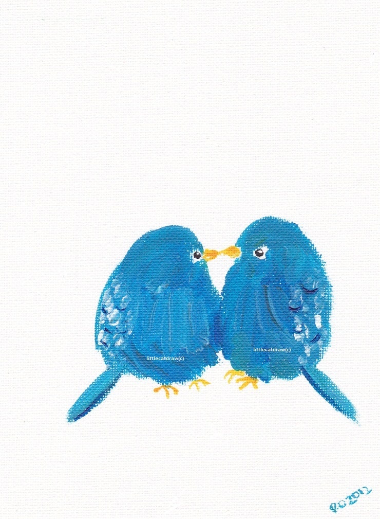 Bird Print Blue Bird Kisses Art Print of Drawing art illustration - littlecatdraw