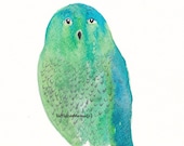 Blue Green Lovely Owl - Watercolor Painting - Art Print - Archival Art Print - littlecatdraw