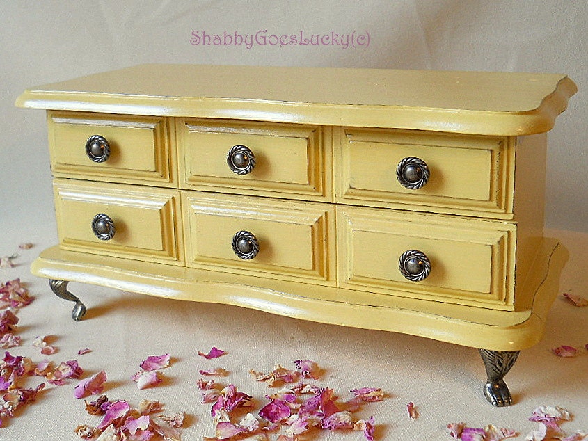 French shabby vintage jewellery cabinet dresser style, chest of drawers, yellow hand painted, distressed, velvet lined with brass lion feet