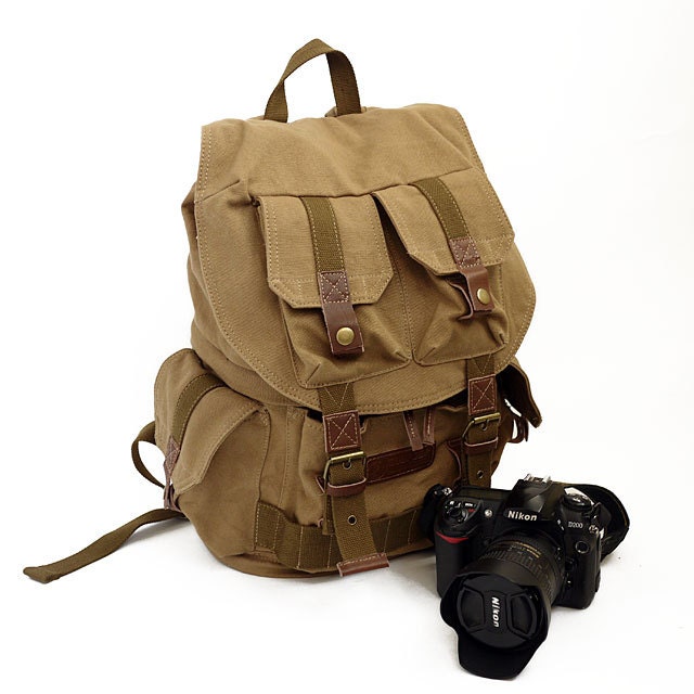 BACKPACK Camera Safari Bag shoulders canvas with cowhide backpack - Medium Padded Camera Insert - Hand Crafted -F2001
