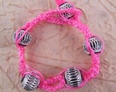 Neon Pink Macrame Bracelet with Black and Silver Aluminium Beads