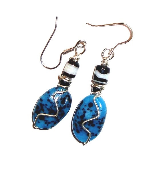 Bruised Blue: Earrings Blue And Black Glass Bead Silver Wire White And Black Drop Handmade