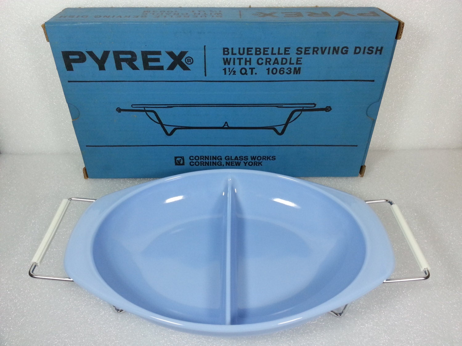 Vintage Pyrex Delphite Blue Oval Divided Dish WITH 2 Handled Stand In Box - MINT
