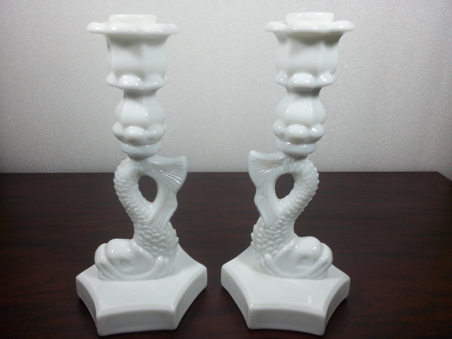 Pair of Vintage Westmoreland Milk Glass Dolphin Candlestick Holders