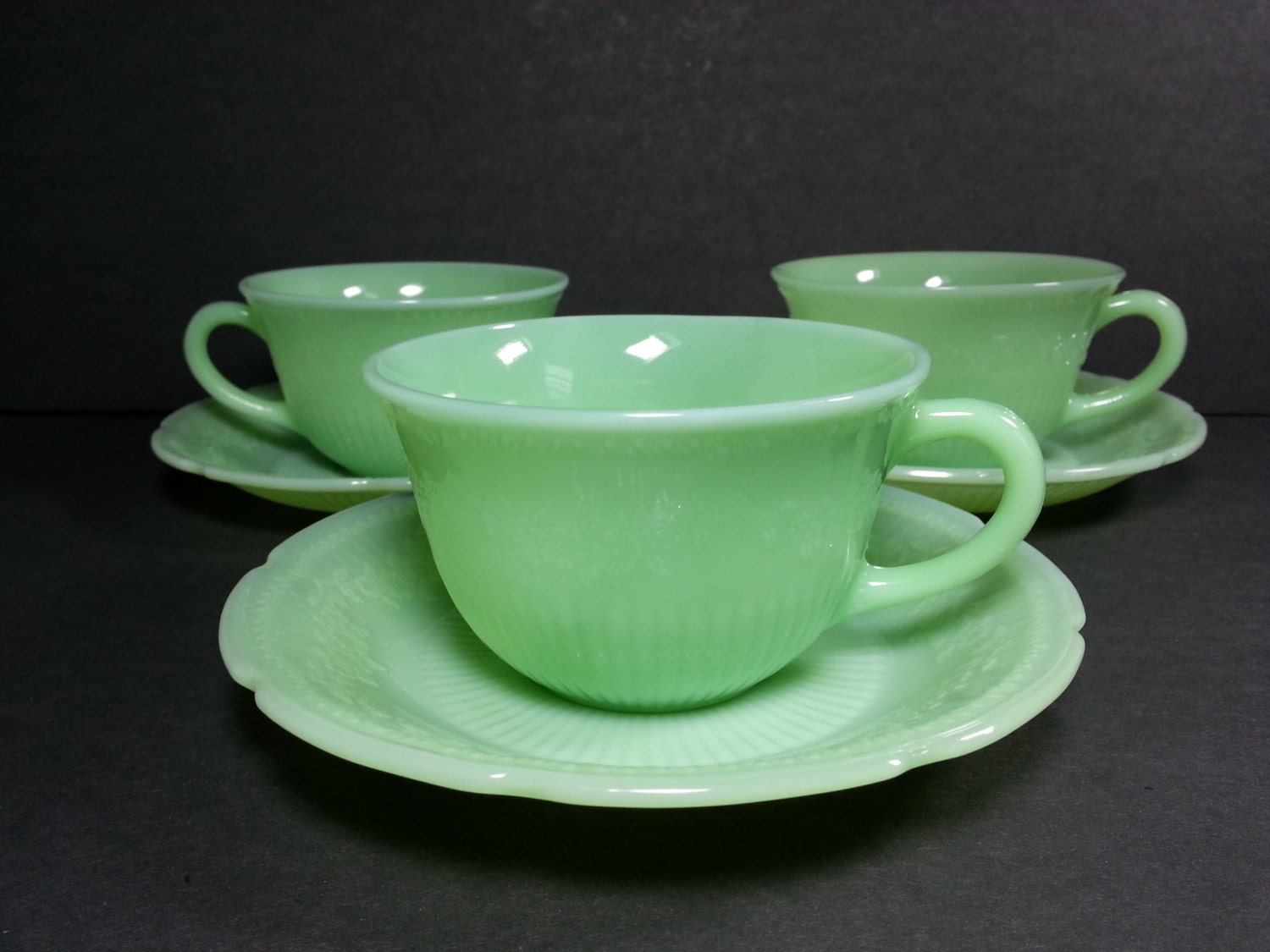 Set of 3 Vintage Fire King Jadeite Alice Cups and Saucers