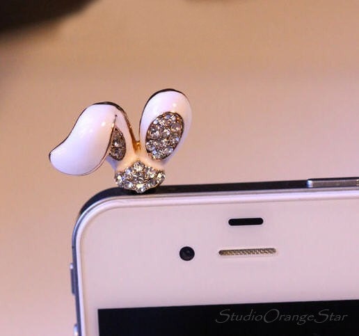 1PC Bling Crystal Cute Rabbit's Ear Smart Phone Head Earphone Charm Cap Anti Dust Plug for iPhone 5, iPhone 4, Samsung S4 S3, Nokia, HTC