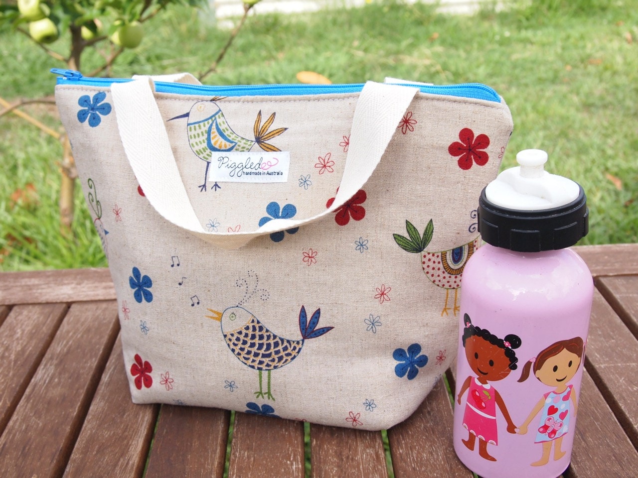 Insulated Lunch Tote Bag with Waterproof Lining - Blue Linen Birds with Flowers (made to order)