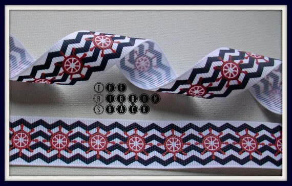 7.8 Nautical Ship Wheels Patriotic Vertical Chevron Waves Grosgrain Ribbon Military, 4th of July, 911, Memorial Day, Labor Day, USA, Navy Il_570xn