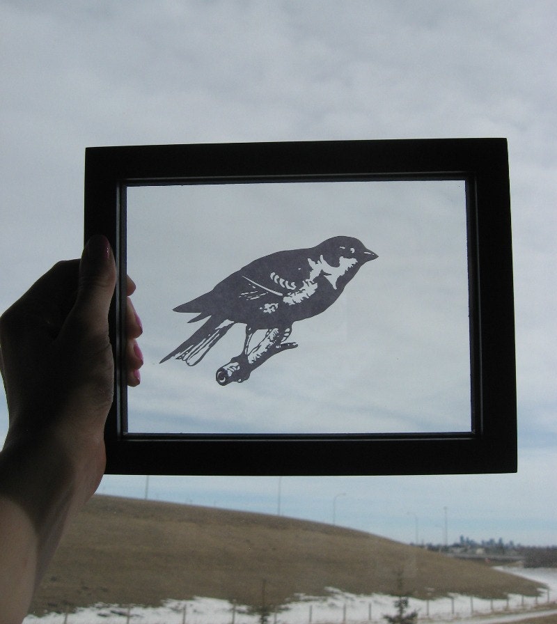 Paper-cut Scherenschnitte silhouette Finch on a Twig in Snow White