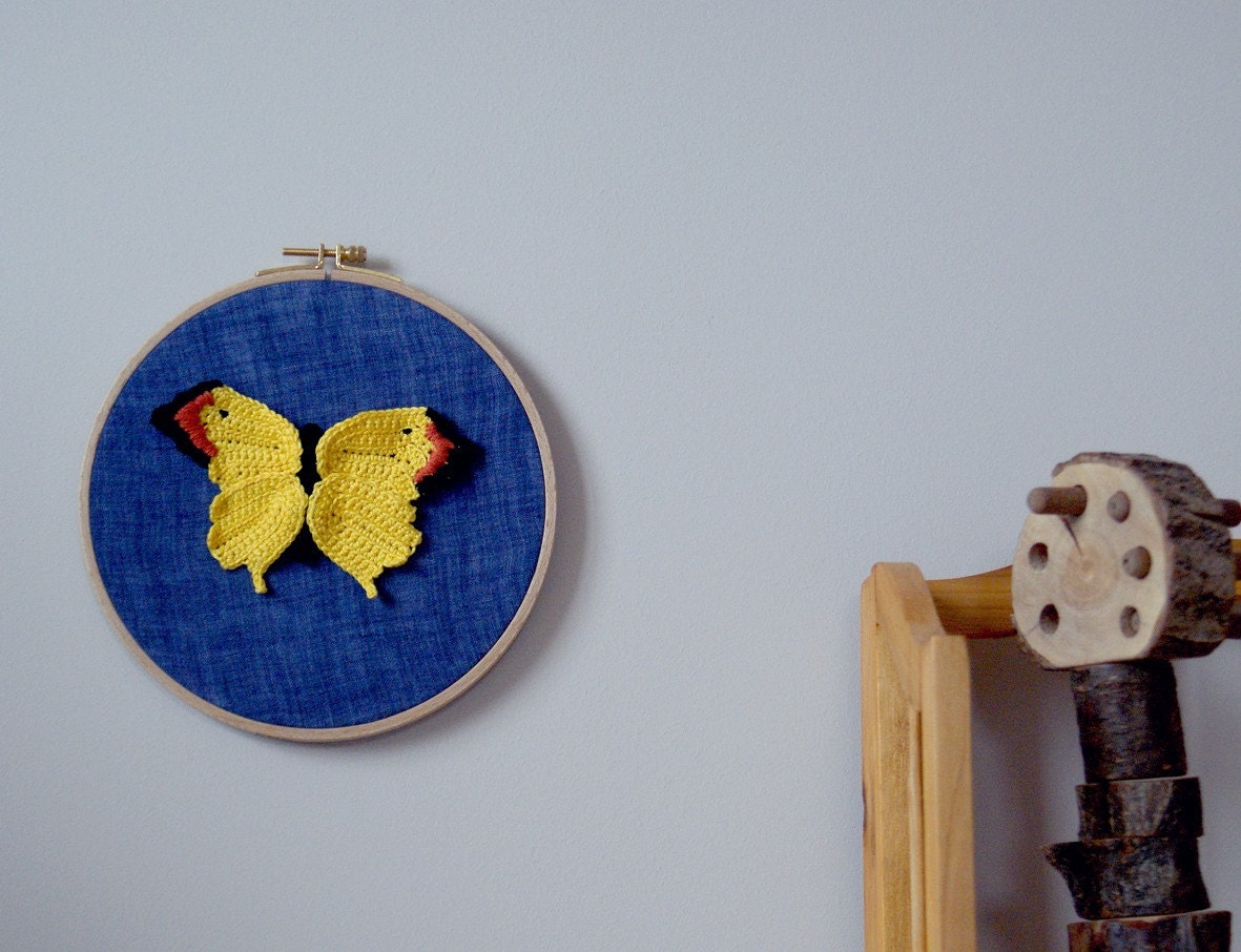 Crochet Hoop Art Decor - Framed Yellow  Crochet Butterfly - Girls room decor - Nursery Decor - Mother's Day gift - Home/Wall hanging decor