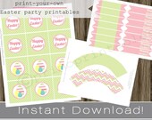Easter Party Printables cupcake wrappers and square toppers, straw flags INSTANT DOWNLOAD pink and green DIY decorations Il_170x135