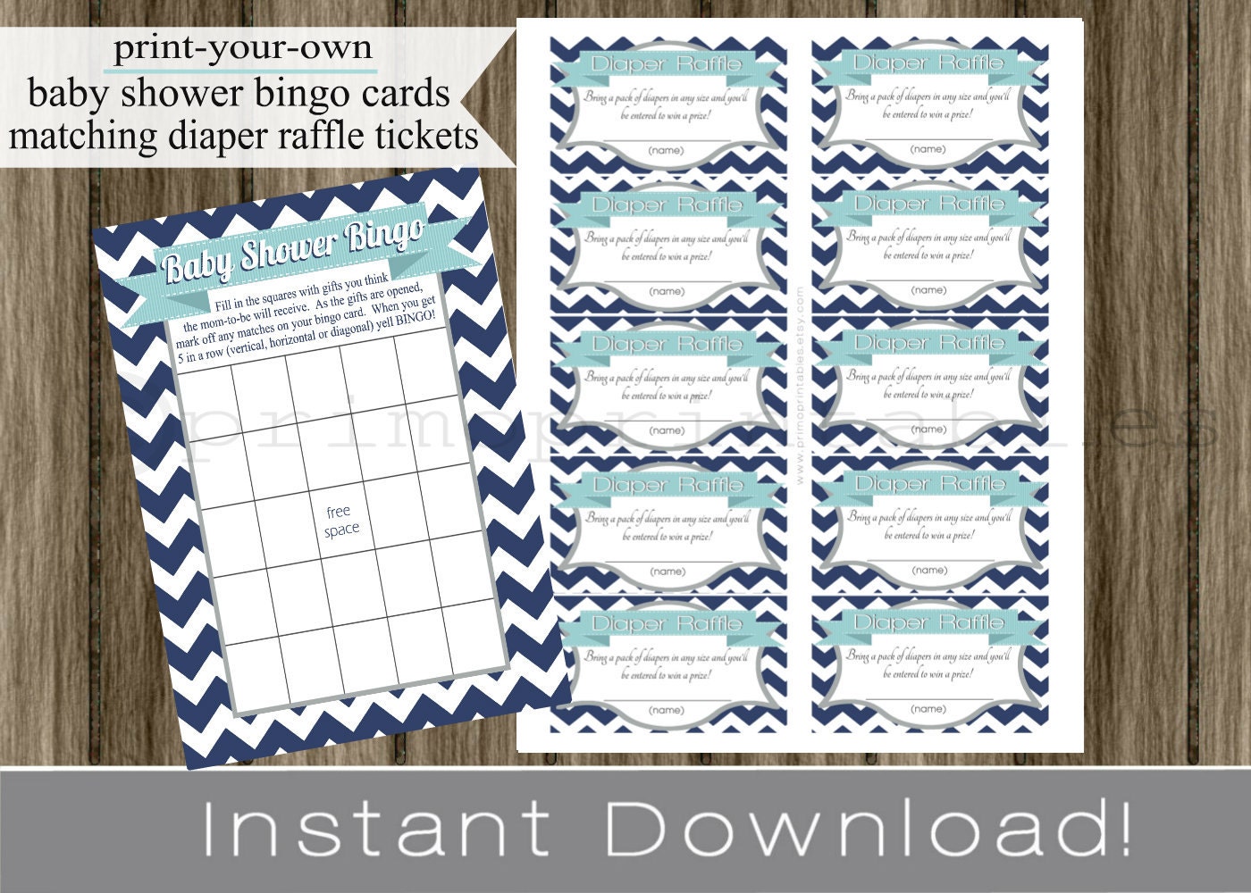 Baby Boy Shower Bingo Game Cards and Diaper Raffle Tickets navy blue chevron light teal gray INSTANT DOWNLOAD diy digital printable file Il_170x135