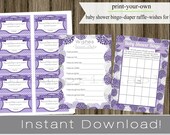Baby Girl Shower Set Bingo Game Cards, Diaper Raffle Tickets, Baby Wishes purple hydrangeas INSTANT DOWNLOAD diy digital printable file Il_170x135