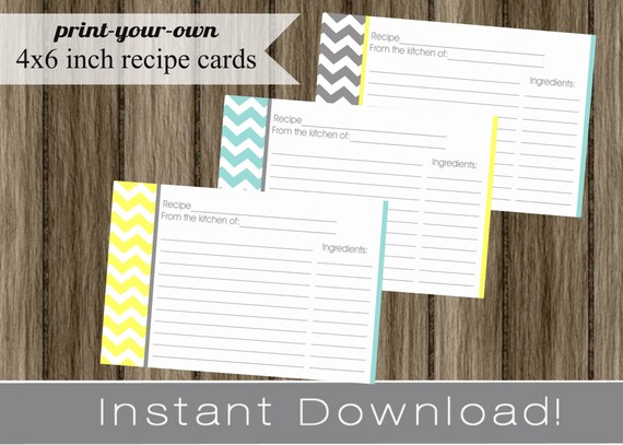 Printable Recipe Cards DIY gray yellow turquoise chevron INSTANT DOWNLOAD digital Print Your Own 4x6 inch Il_570xn