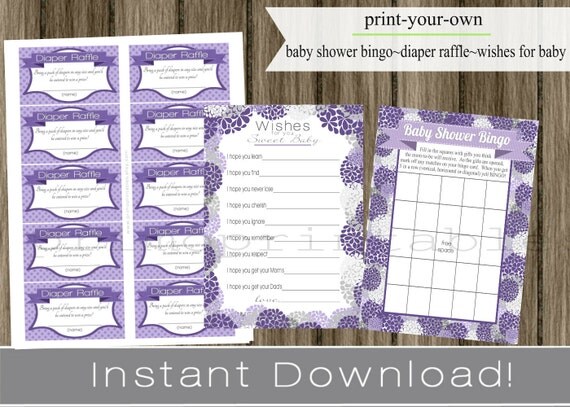 Girl Baby Shower Bingo Game Cards, Diaper Raffle Tickets, Baby Wishes purple flowers INSTANT DOWNLOAD diy digital printable file Il_570xn