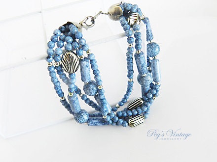 Vintage Multi Strand Plastic Beaded Bracelet Marble Blue Beads
