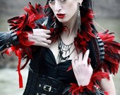 Kinkykex Latex fetish red feather burlesque cuffs steampunk goth