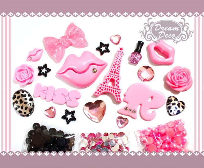Pink Kawaii Large Kiss Mark Lips Leopard Bling Decoden Flatback Kit DIY cell phone case Cabochon Deco Set Kit with rhinestones DS682