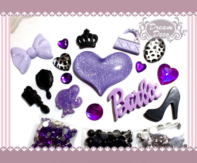 Purple & Black Kawaii Large Dazzling Heart  Bling Decoden Flatback Kit DIY cell phone case Cabochon Deco Set Kit with rhinestones DS678