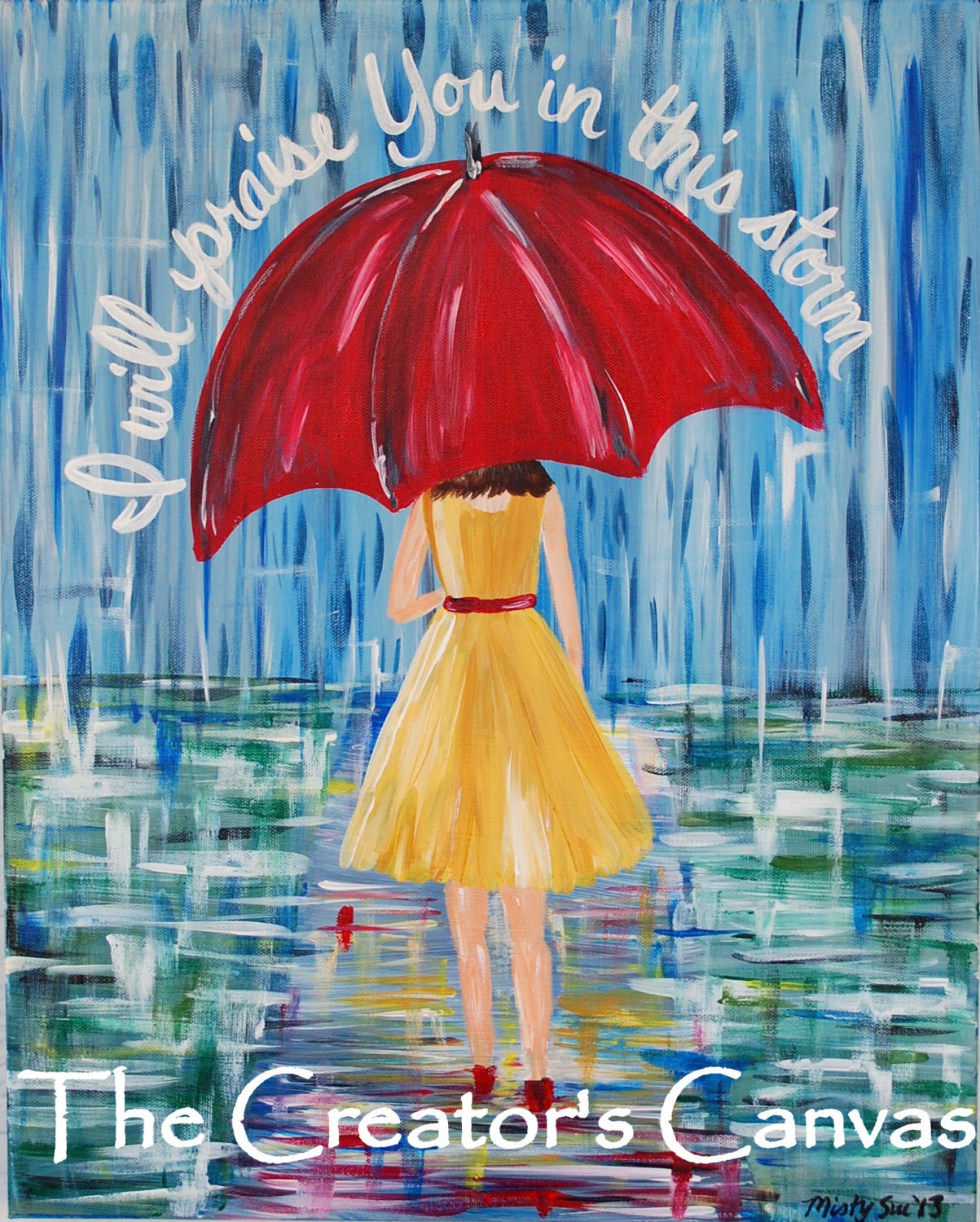 Praise in the Storm Original Painting, Rain and Girl under an umbrella, Scripture, Verse, 16 x 20