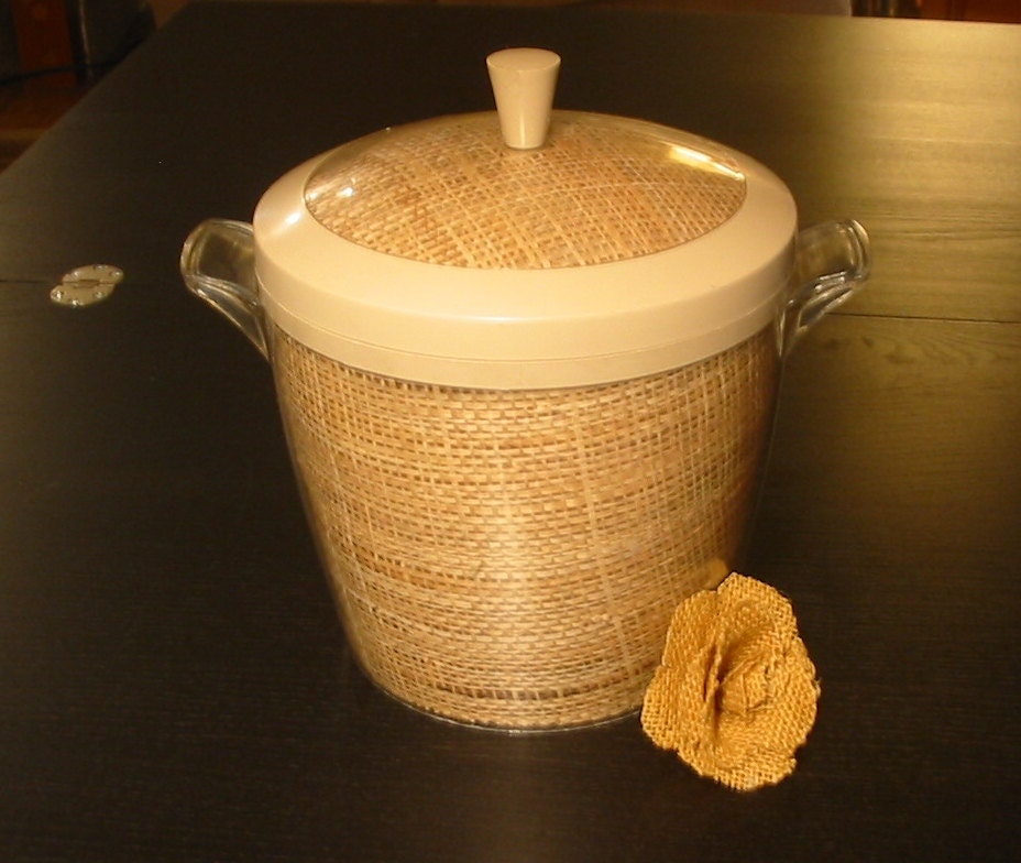 Vintage Raffiaware Plastic Insulated Ice Bucket Burlap Straw 1950s-60's