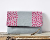 Large Pouch / Fold Over Clutch - Gray and Pink Triangles - Hand Dyed and Printed Cotton