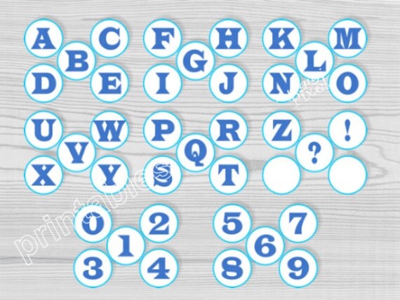 blue white alphabet letter number circlec printable party material instant download PDF file Il_570xn