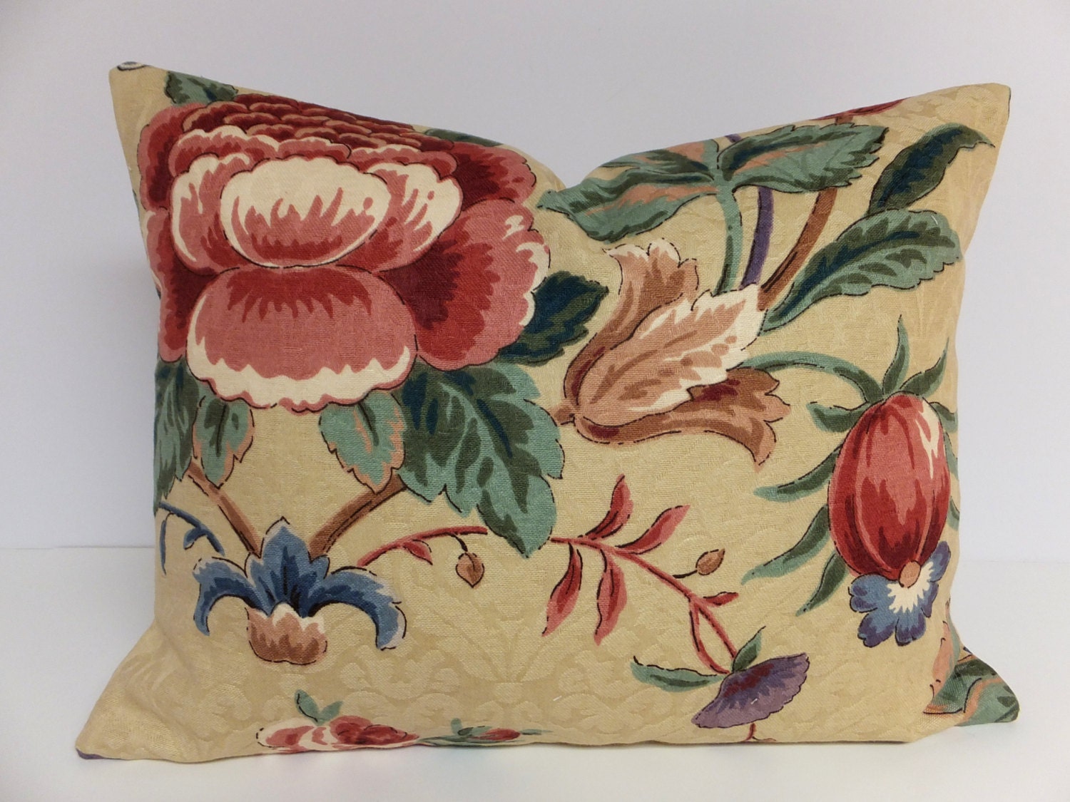Tan Pillow.  Floral Pillow Cover. Blue Green Rose Floral. Shabby Chic Decor. Vintage Braemore Fabric. Vintage Decor. Housewares. Home Decor