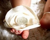 Baby Barefoot Sandals- -Handmade Cream Color Heavy Satin Flowers with Rhinestone Centers on Ivory Skinny Elastic