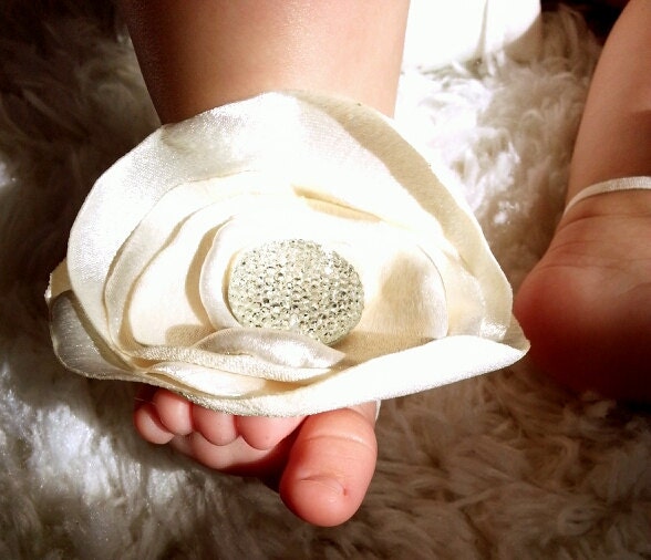 Baby Barefoot Sandals- -Handmade Cream Color Heavy Satin Flowers with ...