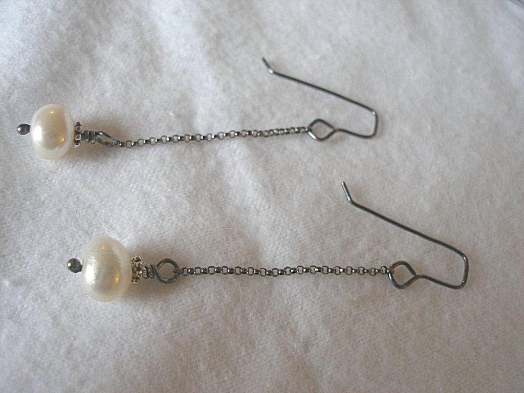 Handmade Oxidized Sterling Silver Chain Drop earrings with Asian Freshwater Pearl