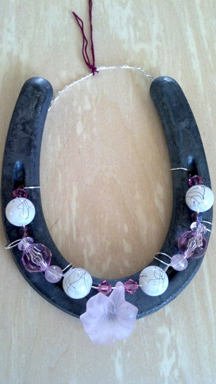Crystal Pink and White Beaded Horseshoe with Pink Tropical Flower Charm