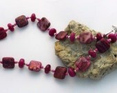 Pink crazy lace agate and dark rose quartz gemstone necklace